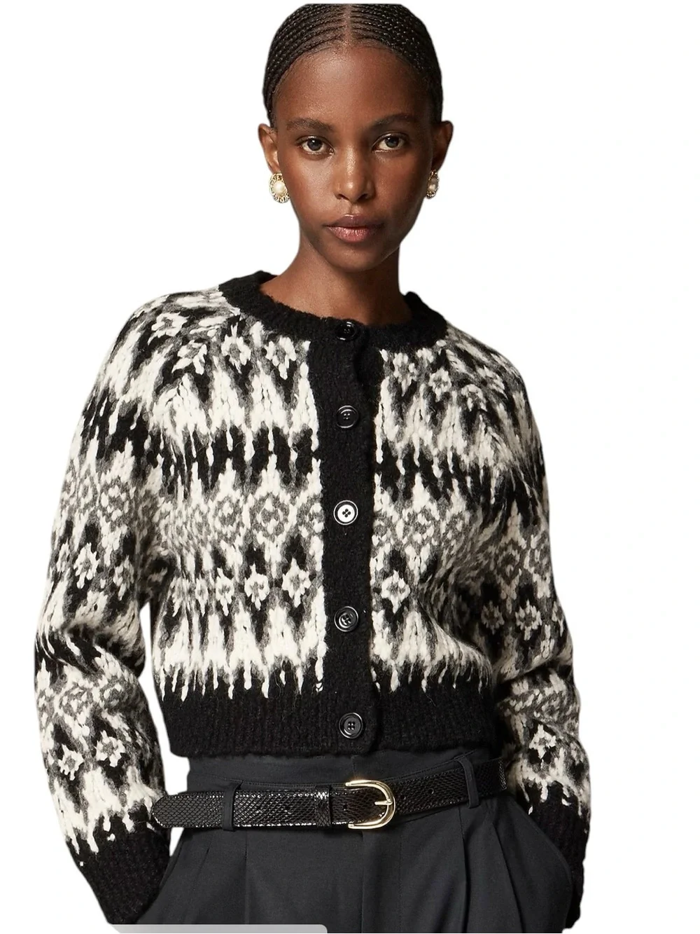J. Crew Cropped Fair Isle Cardigan Size Medium Black White Textured Chunky Wool
